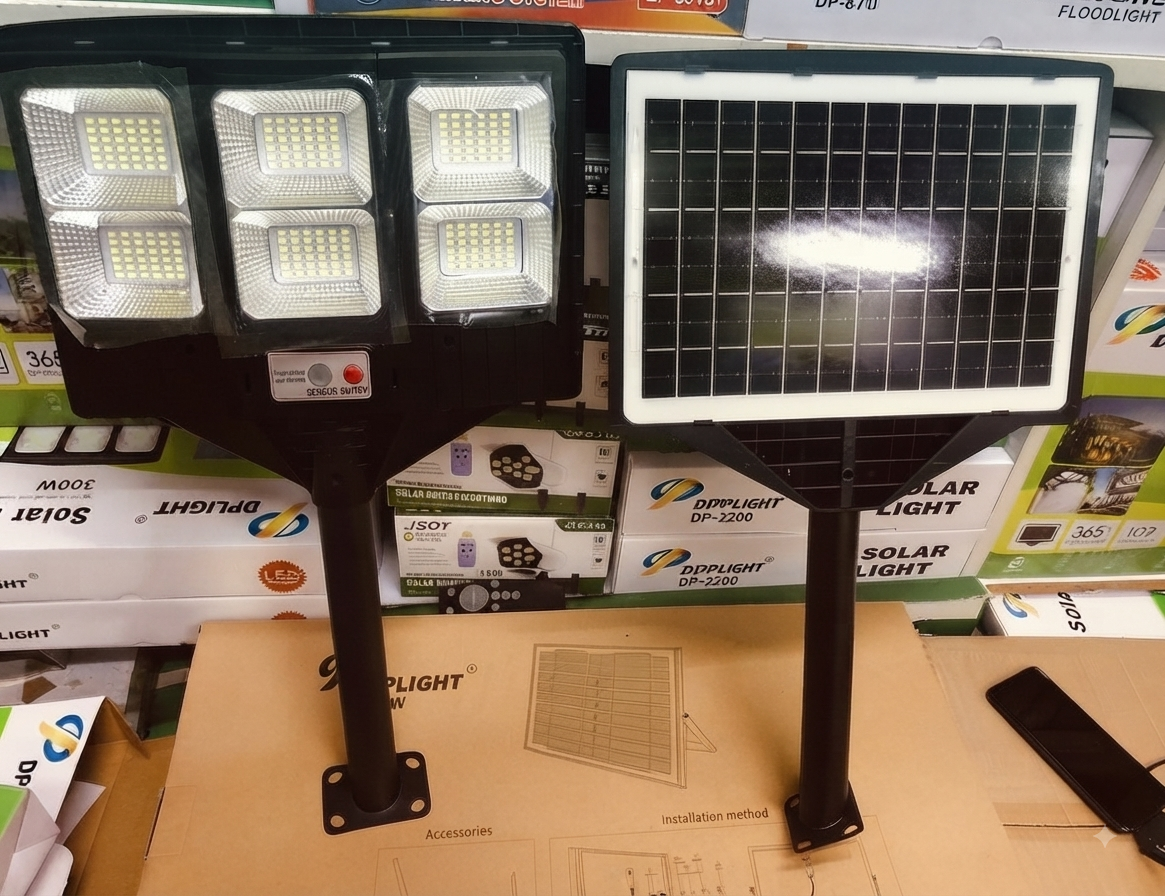 Front and back view of the 300W solar light showing LED panels and integrated solar panel